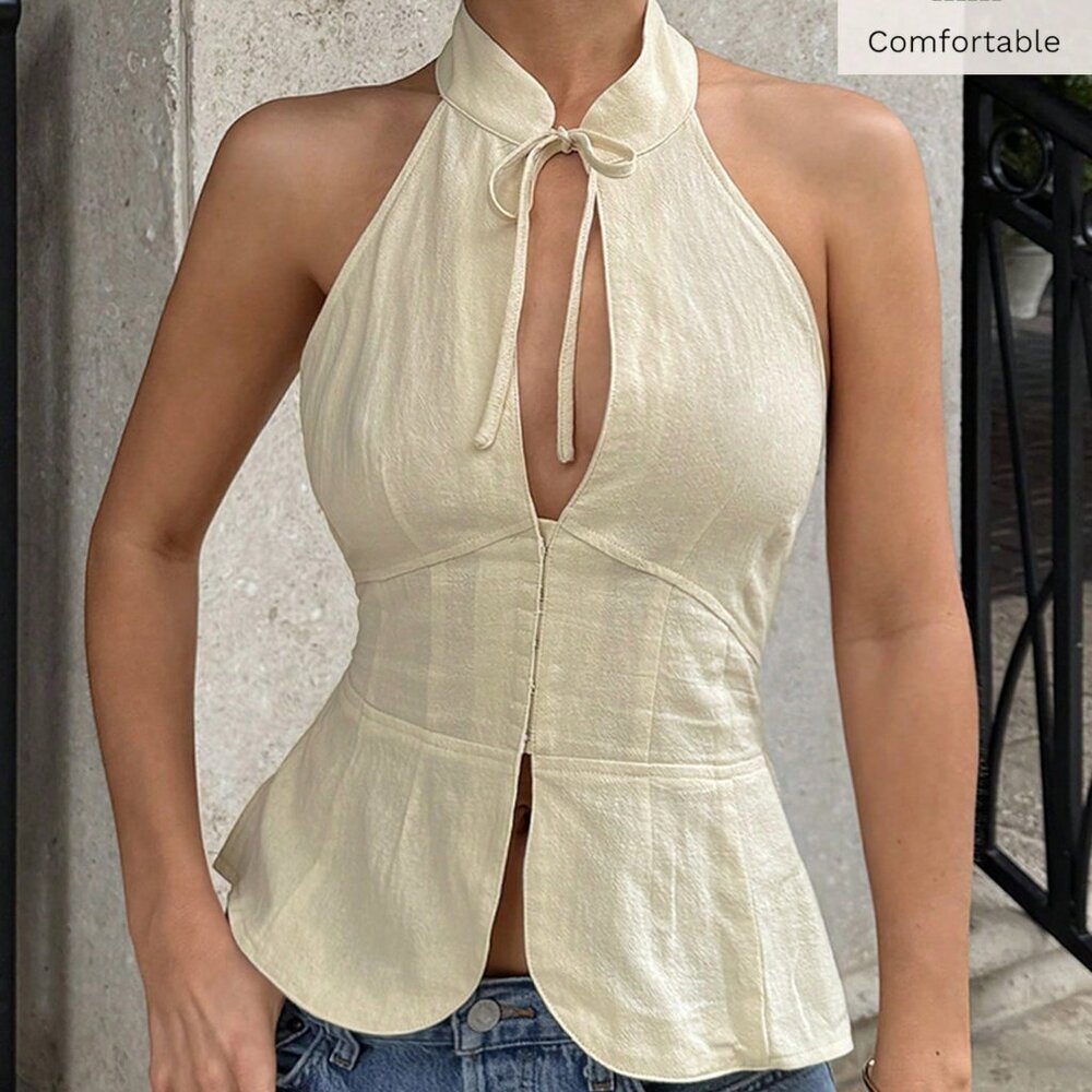 Apricot Sexy Women's Tie Collar Fitted Hollow-Out Halter Neck Tank Top cotton - Picture 7 of 8